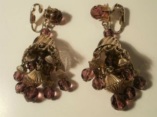 Vintage Gold Tone Coro Chandelier Dangle Clip On Earrings With Purple Beads