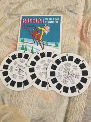 Vintage 1955 Sawyers Viewmaster Rudolph Red Reindeer 3 Reel Set W Story Book Exc