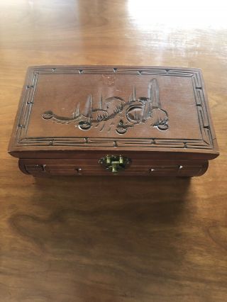 Vintage Carved Wooden Jewelry Box With Mirror And Rising Shelf