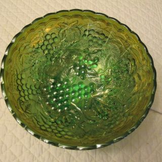 Vintage Carnival Glass 7 " Bowl,  Green & Gold,  Grapes And Leaves Design
