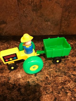 Vintage Fisher Price Little People Farm Tractor With Wagon With Farmer
