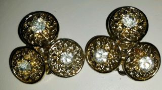 Vintage Signed Coro Clear Rhinestone Filigree Gold Tone Clip On Earrings