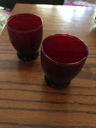 A Set Of 2 Vintage Ruby Red Glass Cups 3” High Double Shot Glasses