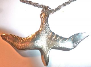Vtg Bird Albatross Silver Metal Pendant Big Charm Amulet Silver Chain Unisex