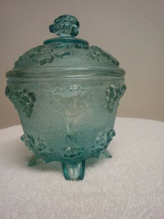 Vintage Jeannette Glass Clear Blue 4 - Footed Candy Jar Bowl Grapes Oak Leaves
