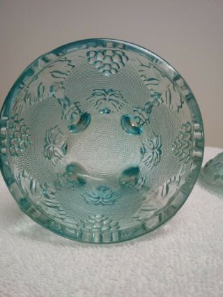 Vintage Jeannette Glass Clear Blue 4 - Footed Candy Jar Bowl Grapes Oak Leaves 2