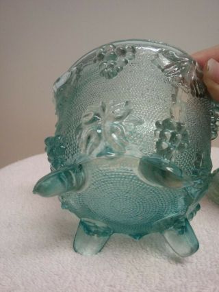 Vintage Jeannette Glass Clear Blue 4 - Footed Candy Jar Bowl Grapes Oak Leaves 3
