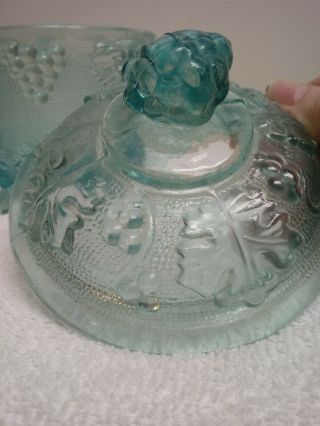 Vintage Jeannette Glass Clear Blue 4 - Footed Candy Jar Bowl Grapes Oak Leaves 5