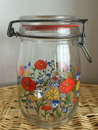 Vintage 3/4 L Glass Jar Bale Wire Canister Poppy Wildflowers Arc France Carman
