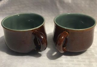 Set Of 2 Brown Glazed Stoneware Coffee Tea Cups Mugs Teal Inside Vintage