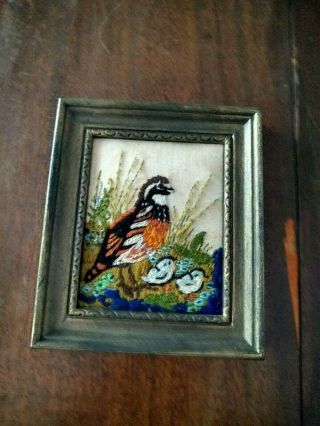 Vintage Small Embroidered Picture Framed Pheasant Bird With Babies 5.  5 X 6.  5 "