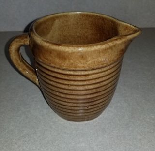Vintage Brown Usa Crock Pottery Creamer Small Pitcher Ribbed Rings Handle