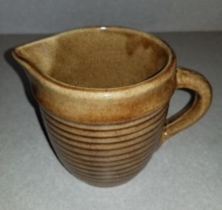Vintage Brown USA Crock Pottery Creamer Small Pitcher Ribbed Rings Handle 2