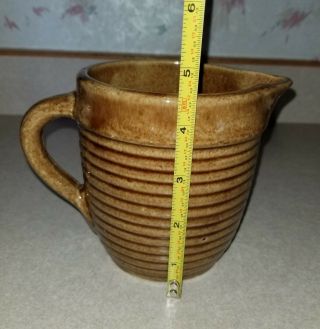 Vintage Brown USA Crock Pottery Creamer Small Pitcher Ribbed Rings Handle 5