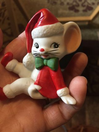 Vintage Lefton? White Bisque Porcelain Christmas Mouse Figurine In Santa Suit.