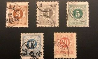 Vintage (1872 - 1877) Sweden Stamps Scott 17 - 19,  22,  23a - (cv $210)