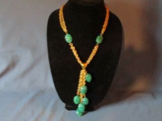 Vintage Signed Celebrity Gold - Tone Metal Green Lucite Tassel Pendant Necklace