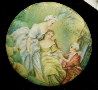 Antique Vtg Button Large Fabric On Metal Victorian Scene B7