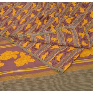 Sanskriti Vintage Printed 100 Pure Crepe Silk Saree Purple Sari Craft Fabric