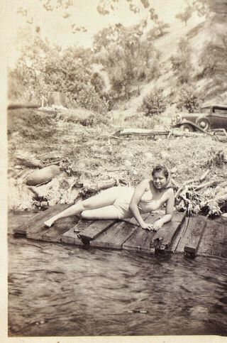 Vintage 1930s Photo Of Woman Lying In Swimsuit At Local Watering Hole Central Ca