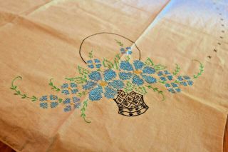 Vintage Tablecloth Basket Flowers Hand Embroidery