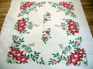 Vintage Christmas Tablecloth 58 " X 80 " Red Poinsettia Green Holly Candles