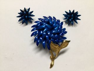Vintage Blue Enamel Flower Pin Brooch Earrings Set Swirled Petals