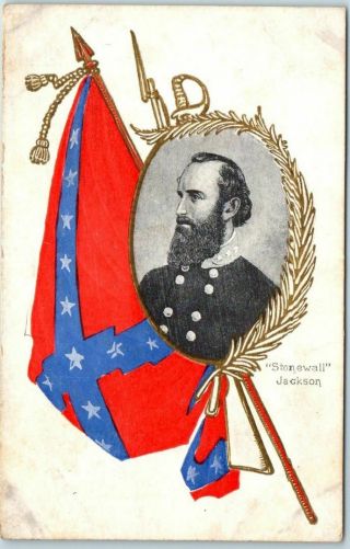 Vintage Civil War Postcard President Stonewall Jackson W/ Csa Flag C1910s