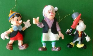 Vintage Disney Geppetto Pinocchio Jiminy Cricket Plastic/felt Christmas Ornament