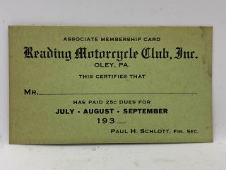 Vintage Rare 1930’s Reading Motorcycle Club Associate Membership Card Oley,  Pa.