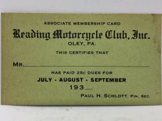 Vintage Rare 1930’s Reading Motorcycle Club Associate Membership Card Oley,  PA. 2