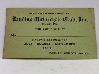Vintage Rare 1930’s Reading Motorcycle Club Associate Membership Card Oley,  PA. 3