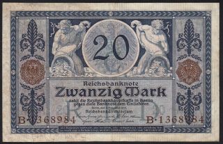 1915 20 Mark Wwi German Rare Old Vintage Paper Money Banknote Currency P 63 Xf