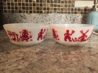 Vintage Hazel Atlas Dutch Boy Girl Children Red On White Cereal Bowl Milk Glass