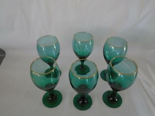 6 Vtg Libbey Green Wine Glasses Water Goblet With Gold Rim 6 1/2 "