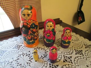 Vintage Russian Nesting Wooden Doll 5 Piece Set Russian Painted Lovely