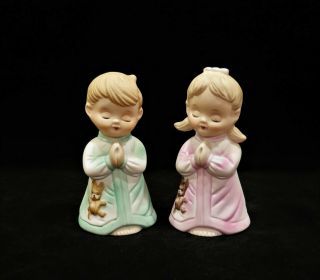 Vintage Porcelain Bisque Bell Figurines Bedtime Prayers Praying Boy & Girl 5 "