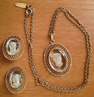 Vintage Whiting & Davis Clear Glass Cameo Necklace & Clip - On Earrings Set