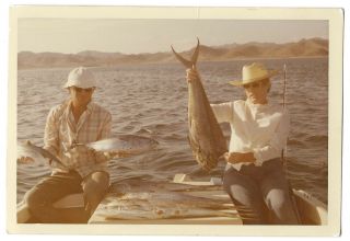 70s Fishing Trip Woman Man @ Boat Hold Fish Mulege Baja Ca Mexico Vintage Photo
