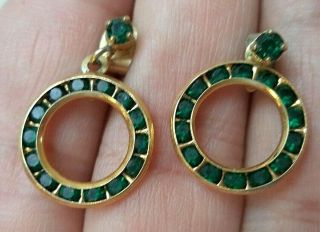 Stunning Vintage Estate Gold Tone Green Rhinestone 7/8 " Clip Earrings 2433p