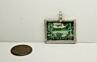Vtg Sterling Silver Postage Stamp Pendant - Suriname