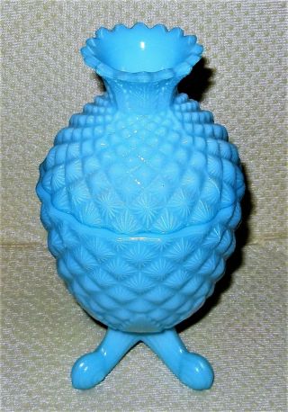 Vintage Blue Opaline Milk Glass Pineapple Covered Candy Dish