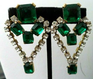 Vintage Signed Bijoux Mg Green Clear Rhinestone 2 1/4 " Post Earrings G783l