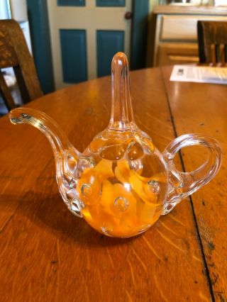 Vintage Joe St Clair Floral Glass Teapot Ring Holder Paperweight