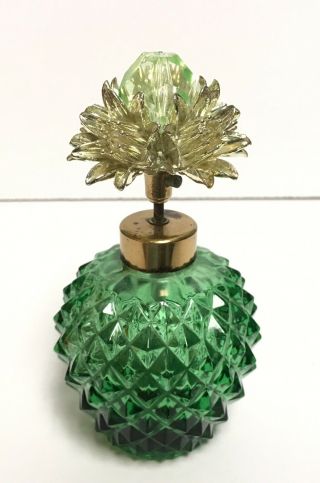 Vintage Green Cut Glass Perfume Bottle With Gold Tone And Green Bead Top