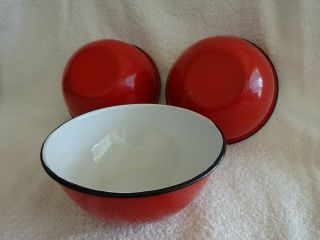 Set Of 3 4 - Cup Vintage Enamel Bowls - Red