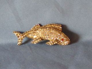 Vintage Gold - Tone Metal Charcoal & Aurora Borealis Rhinestone Fish Pin Brooch