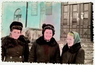 Hand Tinted Russian Photo,  Three Women,  Winter,  Fashion,  Vtg 1957