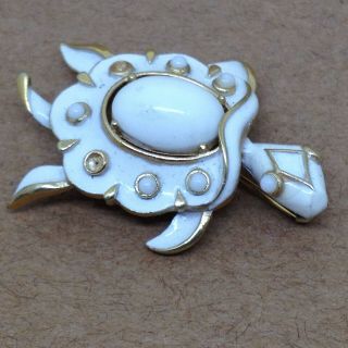 Signed Trifari Vintage Turtle Brooch Pin White Belly Beads Enamel Jewelry