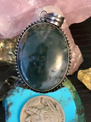 Vintage Native American Moss Agate Sterling Silver Oval Pendant 14 G